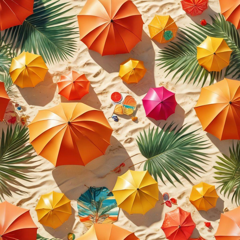 A fashionable beach scene showcasing diverse women wearing trendy swimwear styles, vibrant beach umbrellas in the background, and colorful beach accessories scattered around. The ambiance should exude summer fun with golden sunlight reflecting off a sparkling ocean. Include subtle hints of tropical elements like palm trees and fruits to evoke a playful vibe. super-realistic. vibrant colors. bright sunlight.
