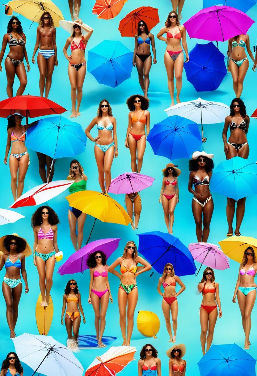 A stylish summer scene featuring a diverse group of swimsuit models flaunting trendy swimsuits that range from chic to sporty. Incorporate a sunny beach backdrop with vibrant umbrellas and surfboards, highlighting various swimwear styles. Add playful beach accessories like hats and sunglasses to enhance the playful atmosphere. Include elements of splashing water and sun-kissed skin to convey a lively summer vibe. super-realistic. vibrant colors. beach setting.